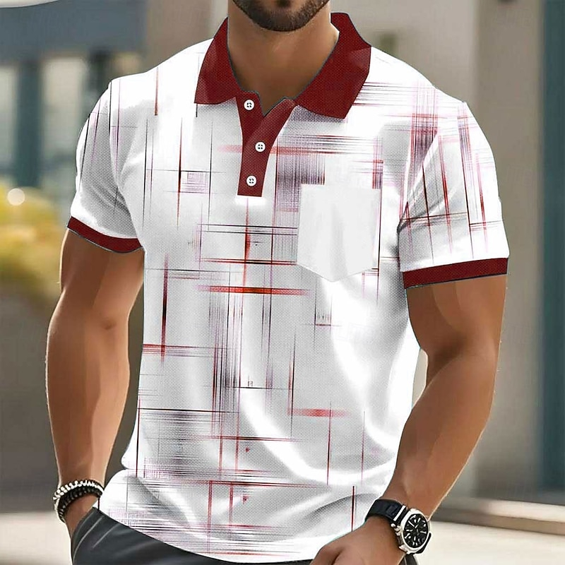 Mens Trendy Cross Line Pattern Polo T-Shirt, Contrast Trim Collar Short Sleeve Breathable Casual Golf Shirts for Weekend Vacation