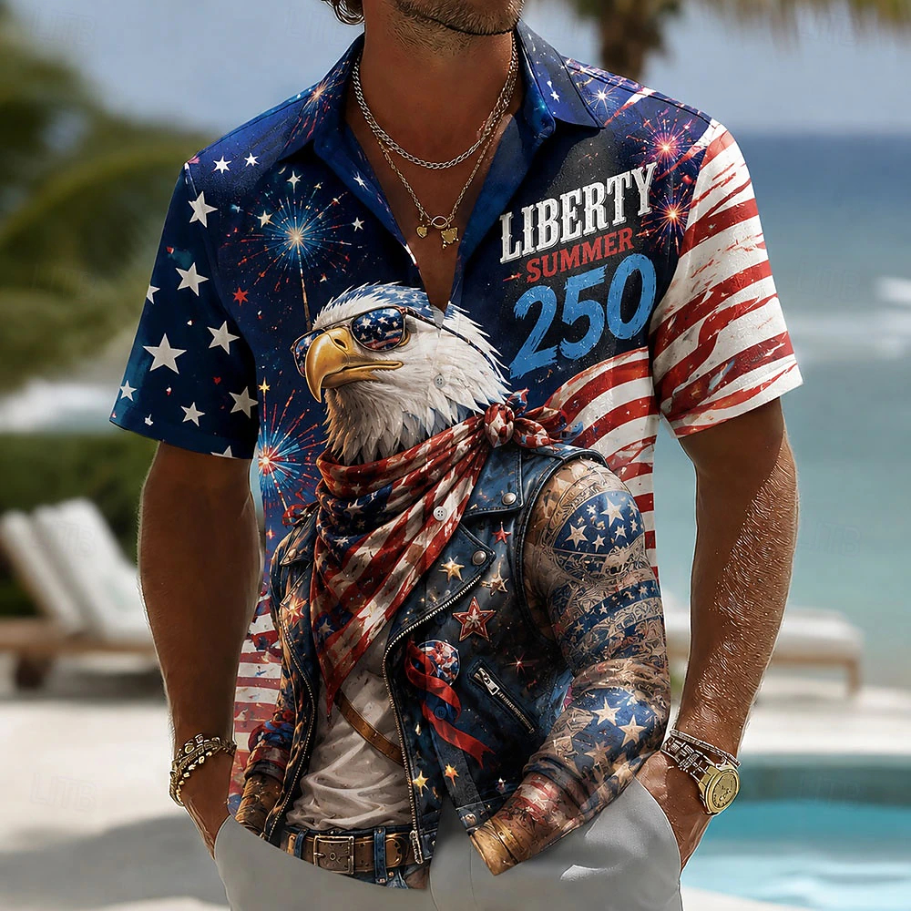 Men Bald Eagle American Flag 250 Years Patriotic Short Sleeve Hawaiian Shirt