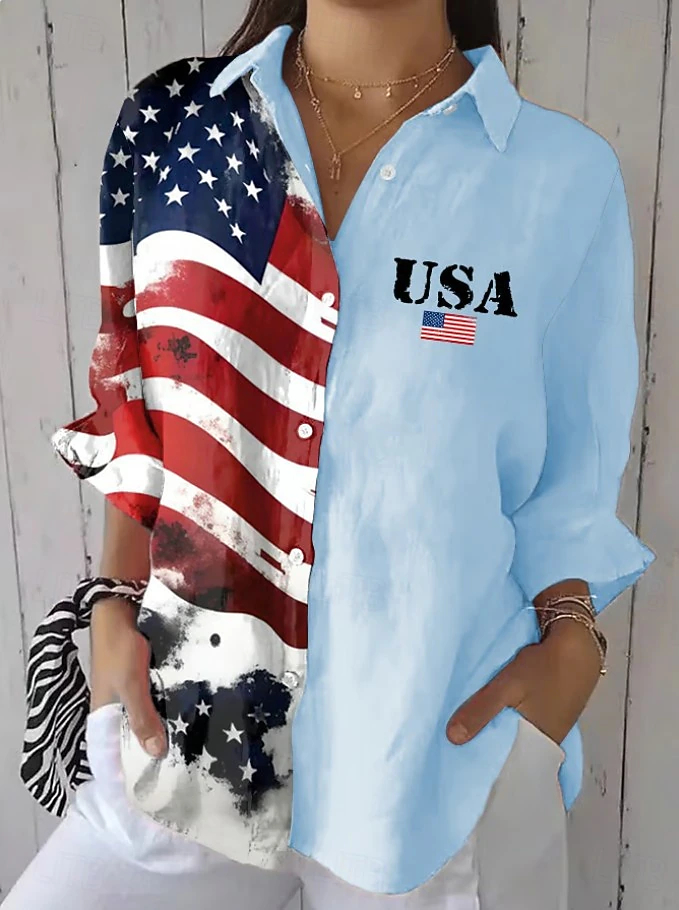 Lightweight Oversized USA Flag Patchwork Lapel Short Sleeve Holiday Casual Top\