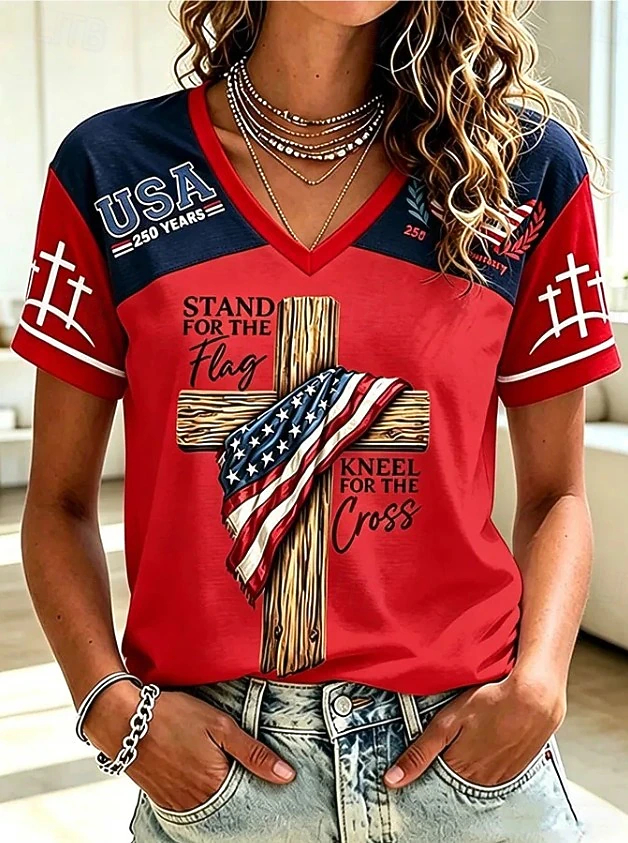 Stand For The Flag Kneel For The Cross Graphic Women Color Block Baseball T