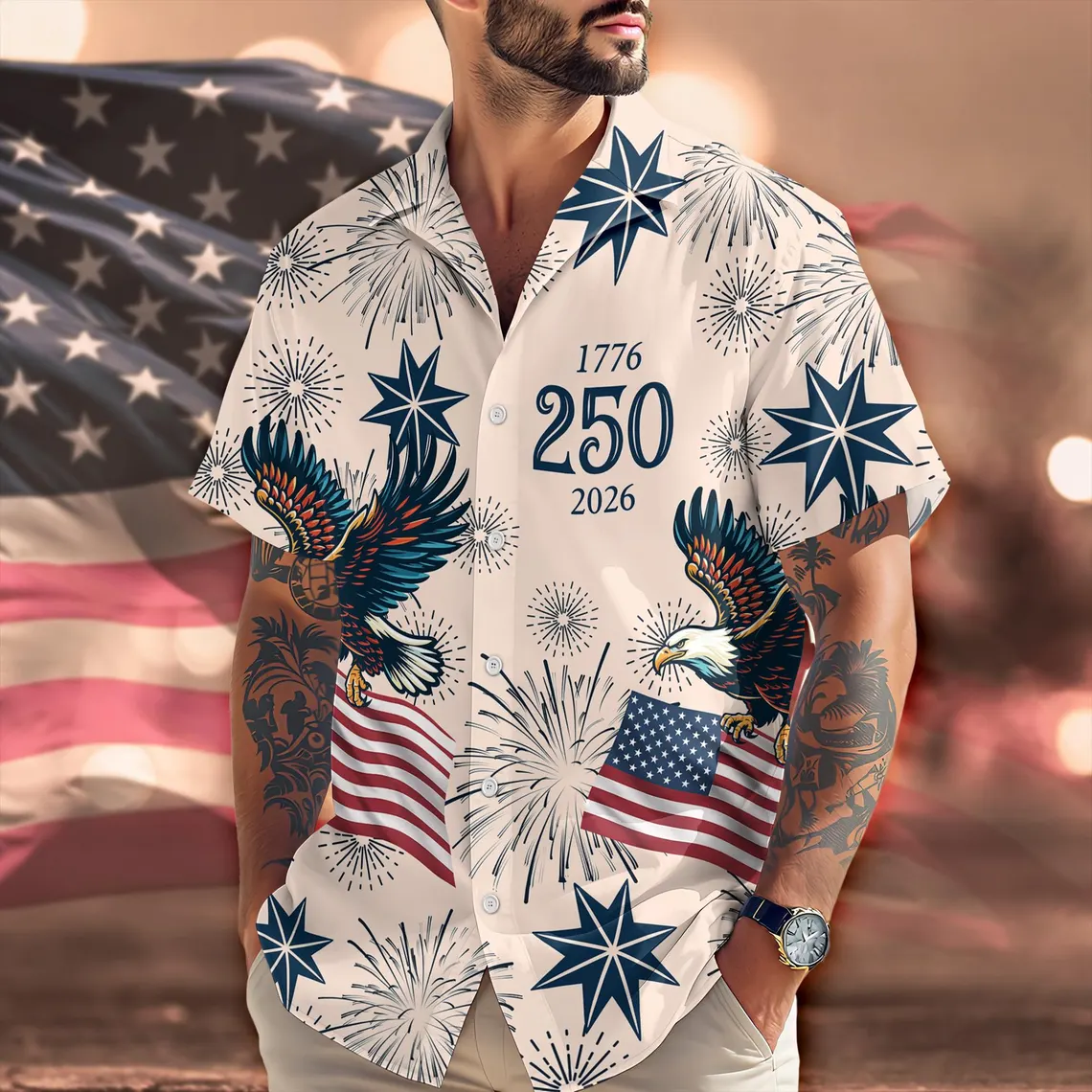 America 250 Hawaiian Shirt 1776-2026, USA 250th Anniversary Shirt, Patriotic Eagle Fireworks Shirt, Independence Day 2026 Outfit