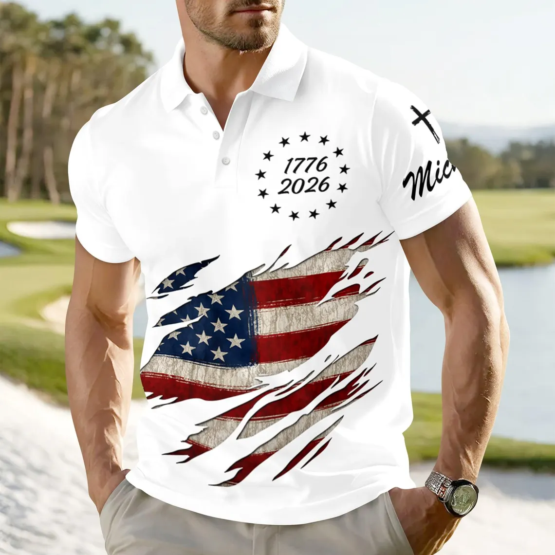USA 1776-2026 250th Anniversary Distressed Flag Patriotic Golf Polo Shirt