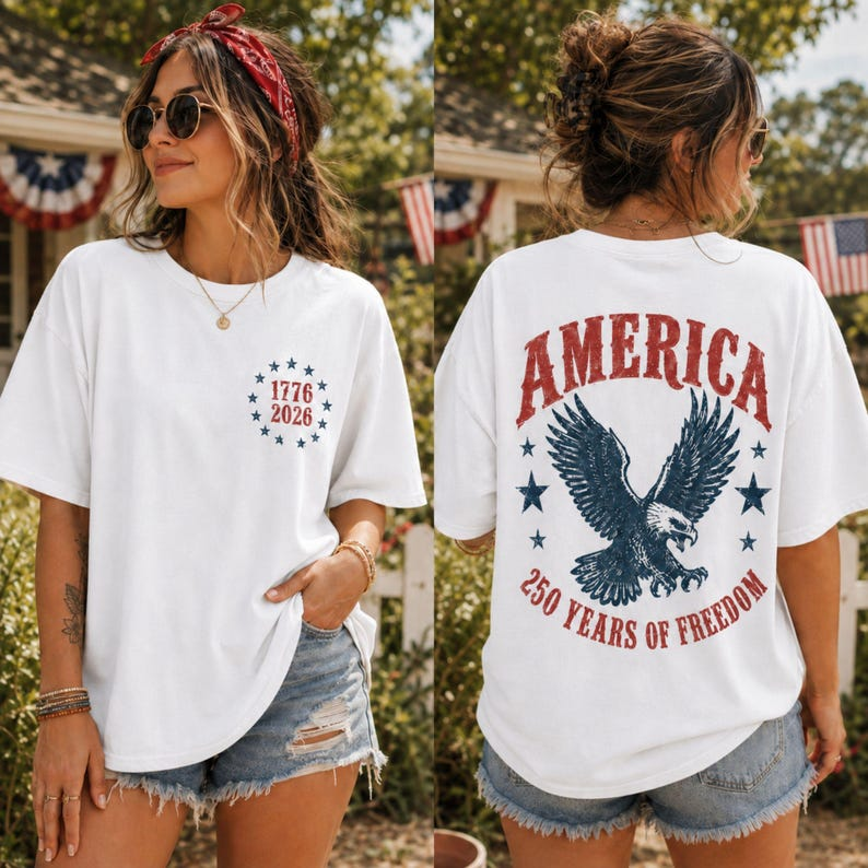 America 250 Years of Freedom Shirt, Patriotic Eagle Back Print T-Shirt, USA 1776-2026 Independence Day Graphic Tee, America 250th Anniversary Shirt