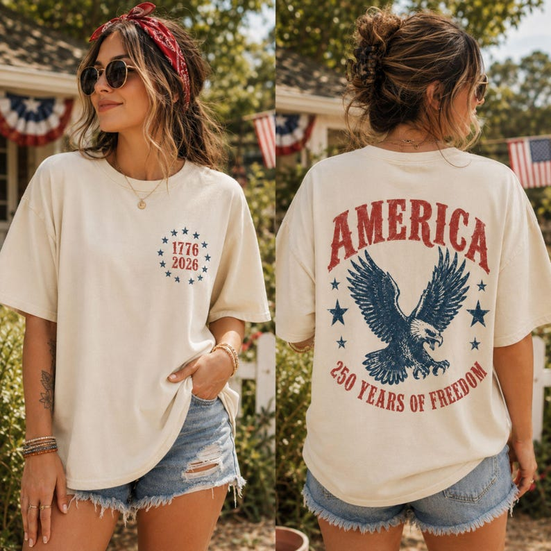 America 250 Years of Freedom Shirt, Patriotic Eagle Back Print T-Shirt, USA 1776-2026 Independence Day Graphic Tee, America 250th Anniversary Shirt