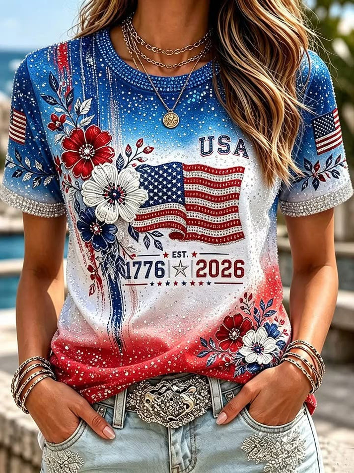 Vintage Distressed Sparkle Patriotic Floral US Flag Printed Short Sleeve Crew Neck Women Holiday T-Shirt