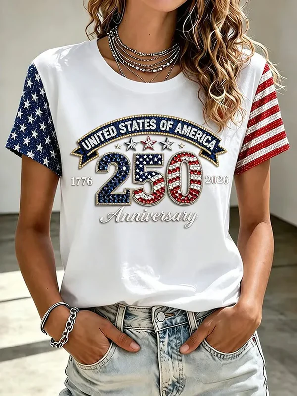 1776-2026 United States of America Rhinestone Effect Graphic Color Block Casual Tee