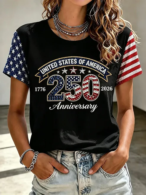 1776-2026 United States of America Rhinestone Effect Graphic Color Block Casual Tee