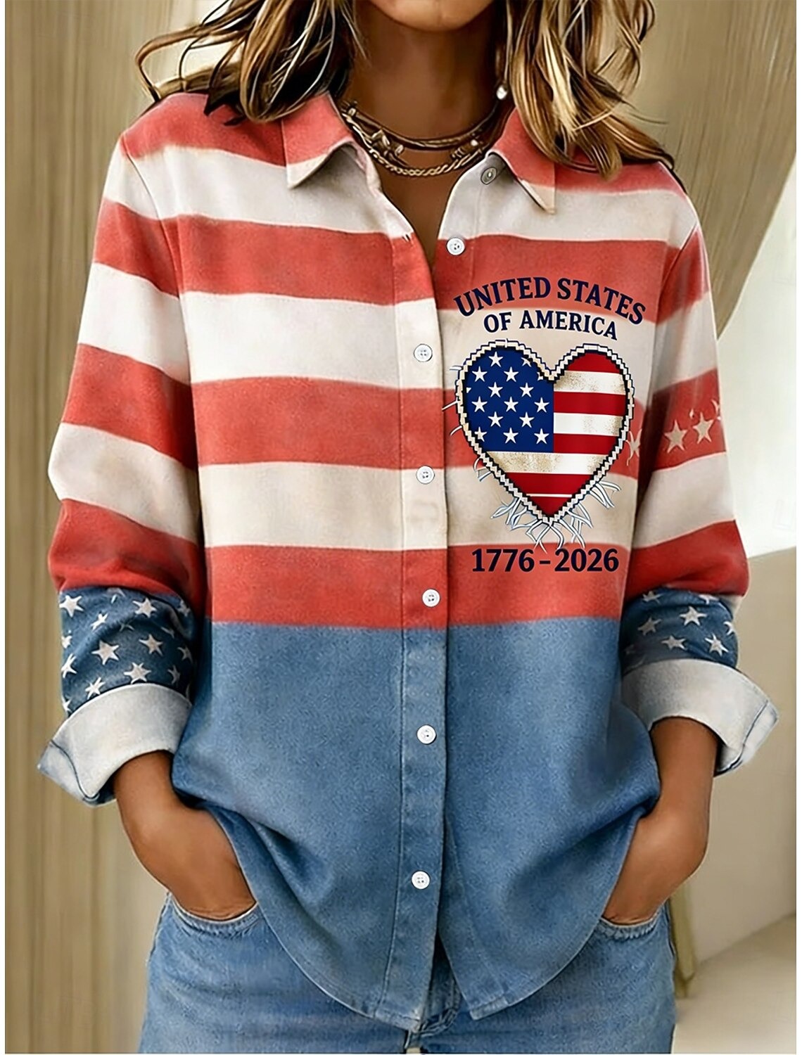American Independence Day Women's Shirt – Buttons Print Graphic, Long Sleeve Shirt Collar