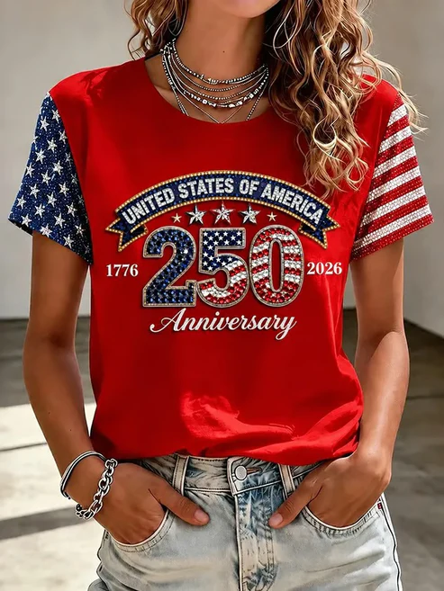 1776-2026 United States of America Rhinestone Effect Graphic Color Block Casual Tee
