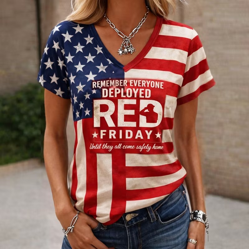 Women Red Friday USA Flag V-Neck Patriotic Tee