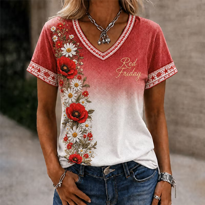 Women Red Friday Floral V-Neck Short Sleeve Tee
