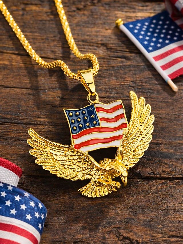 American Flag Eagle Pendant Necklace – Gold/Silver Plated Patriotic Jewelry, USA Pride Waving Flag & Bald Eagle