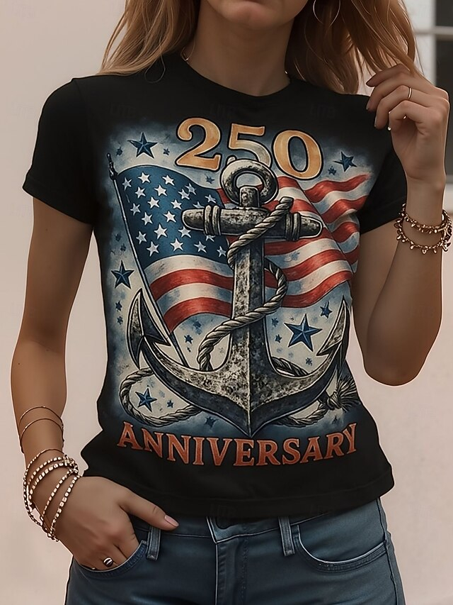 Women’s Patriotic Anchor & Flag Graphic T-Shirt, 250th Anniversary Top, Multiple Colors Available