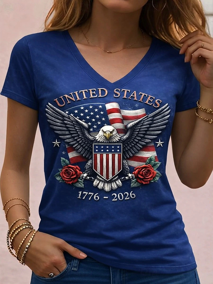 USA Patriotic Eagle & Rose Print T-Shirt, Women’s V-Neck Short Sleeve Tee