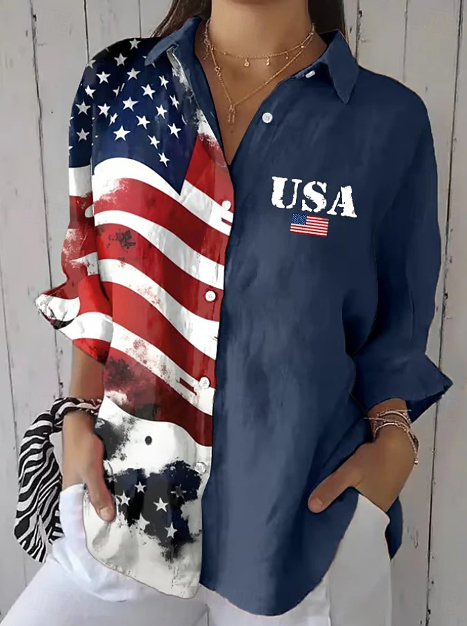Lightweight Oversized USA Flag Patchwork Lapel Short Sleeve Holiday Casual Top\