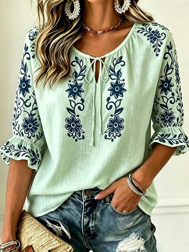 Women's Drawstring Tie-Front Floral Graphic Vintage Blouse, Crew Neck Half Sleeve Casual Top