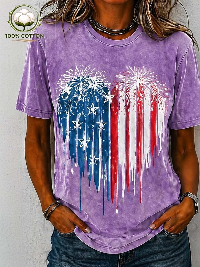 Multi-Color Patriotic Fireworks Flag T-Shirt, 100% Cotton Casual Short Sleeve Tee