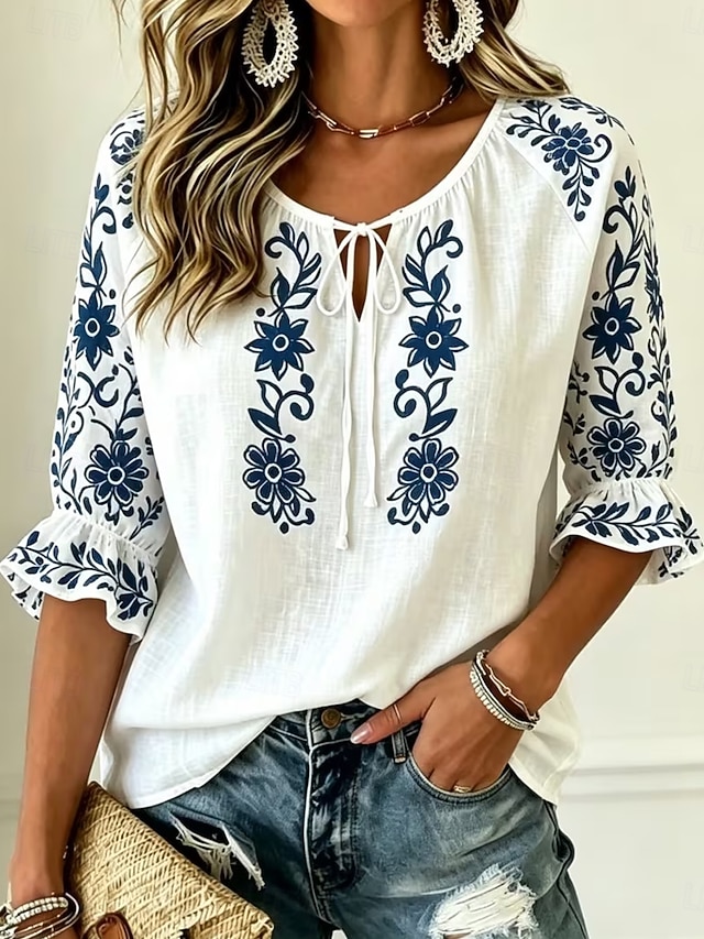 Women's Drawstring Tie-Front Floral Graphic Vintage Blouse, Crew Neck Half Sleeve Casual Top