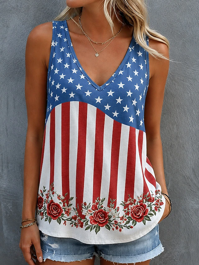 Independence Day Patriotic Flag Print Tank Top, Women’s V-Neck Sleeveless Casual Top