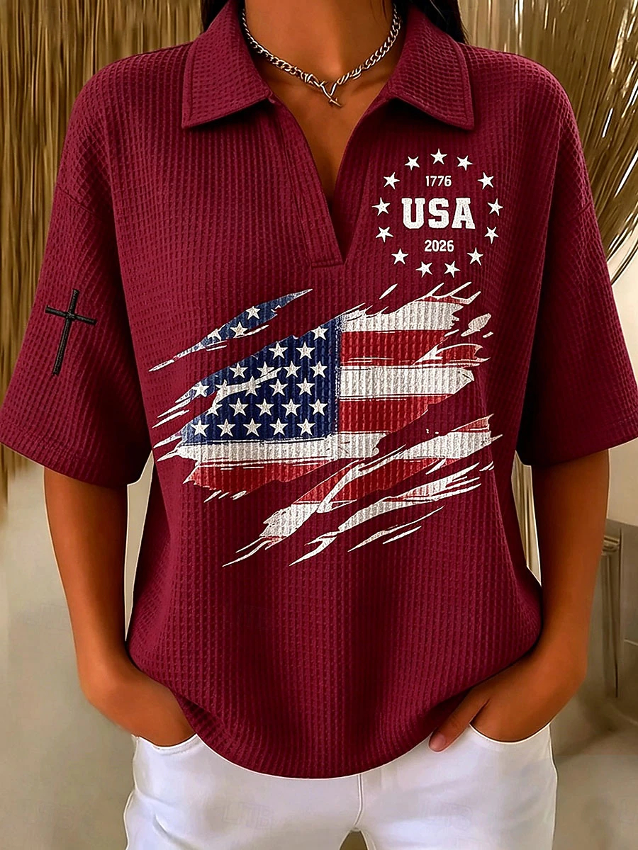 Multi-Color Loose Fit Patriotic Independence Day USA Flag Cross Detail Women Summer Polo Top