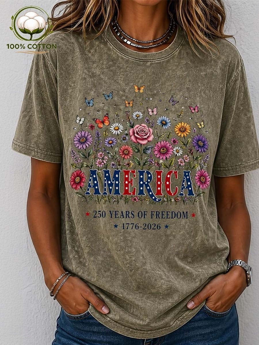 America Floral Wildflower Print Vintage Washed Loose Women Patriotic Summer Casual T-Shirt