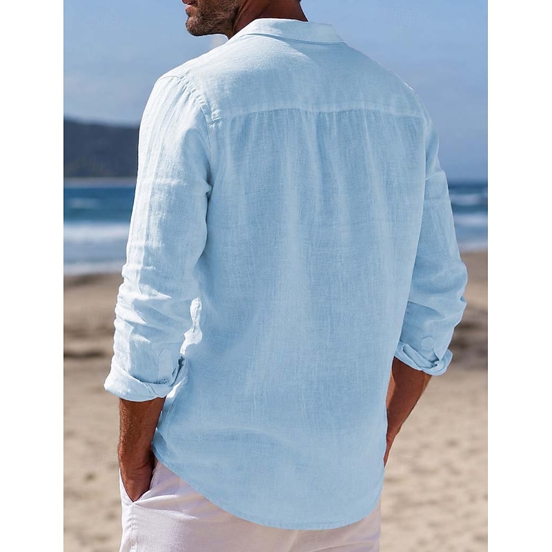 Men's Linen Button-Up Shirt - Summer Beach Casual Shirt