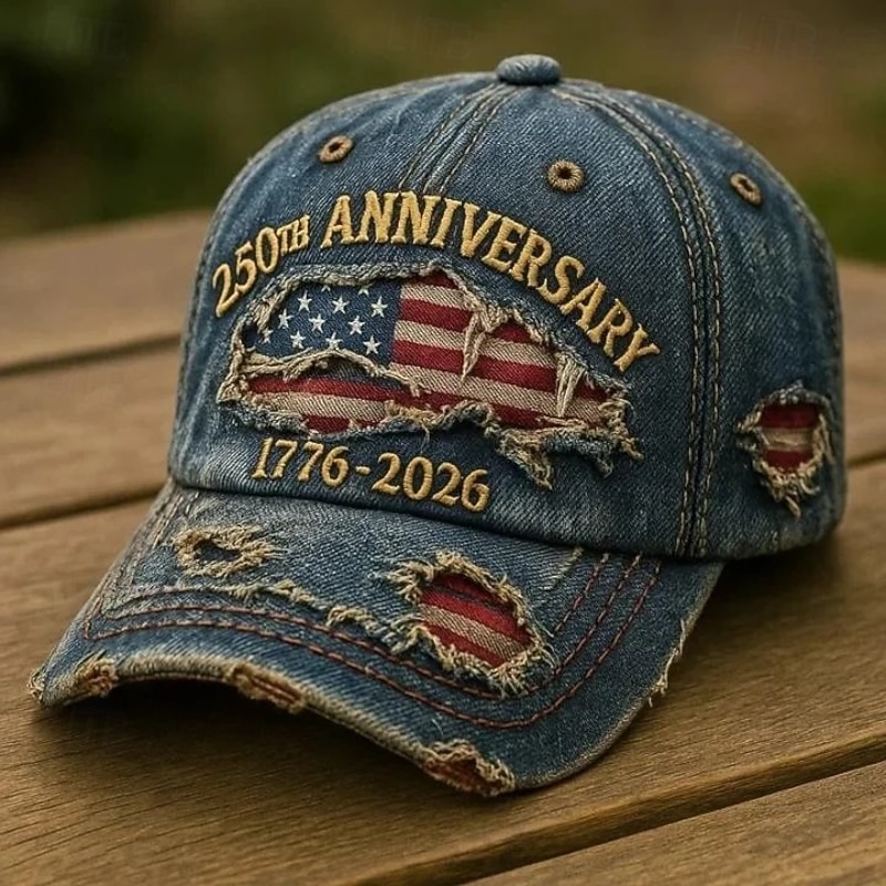 Frayed US Flag Embroidery 250 Years Anniversary Casual Baseball Hat