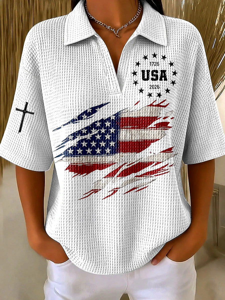 Multi-Color Loose Fit Patriotic Independence Day USA Flag Cross Detail Women Summer Polo Top