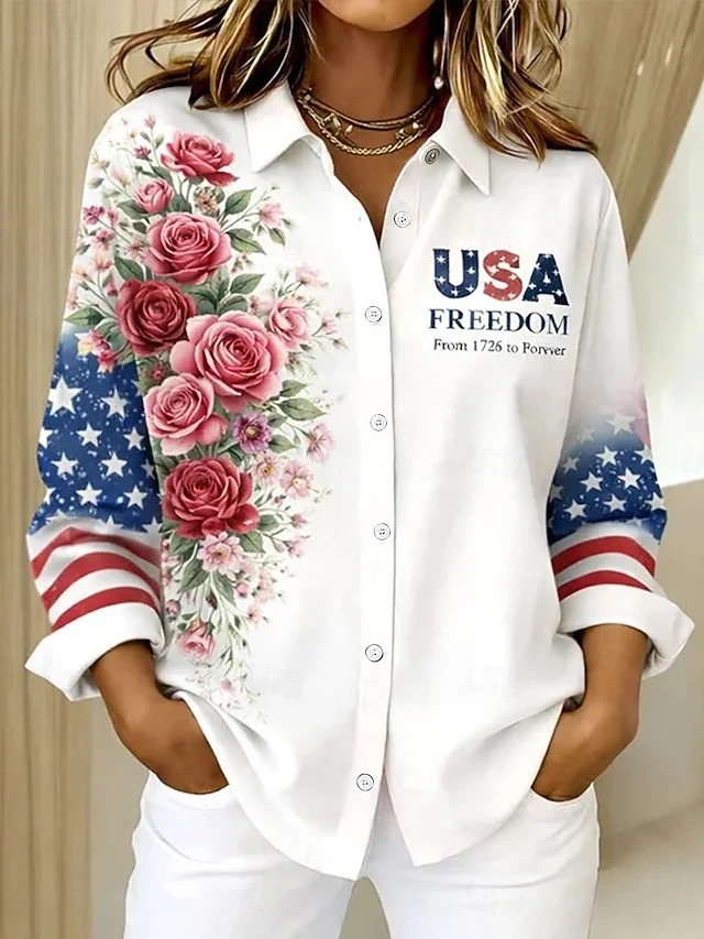 American Independence Day Women's Shirt – Buttons Print Graphic, Long Sleeve Shirt Collar