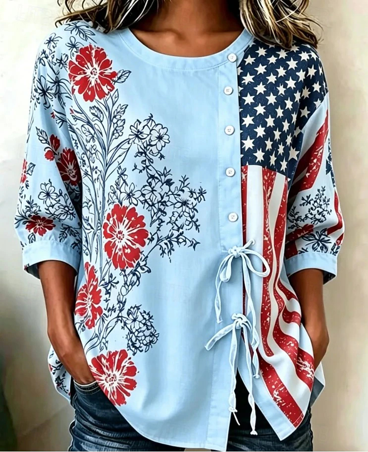 Women Floral Flag Patchwork Round Neck 3/4 Sleeve Side Drawstring Casual Blouse