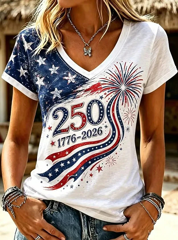 Patriotic American Flag Graphic Short Sleeve V Neck T-Shirt for Women