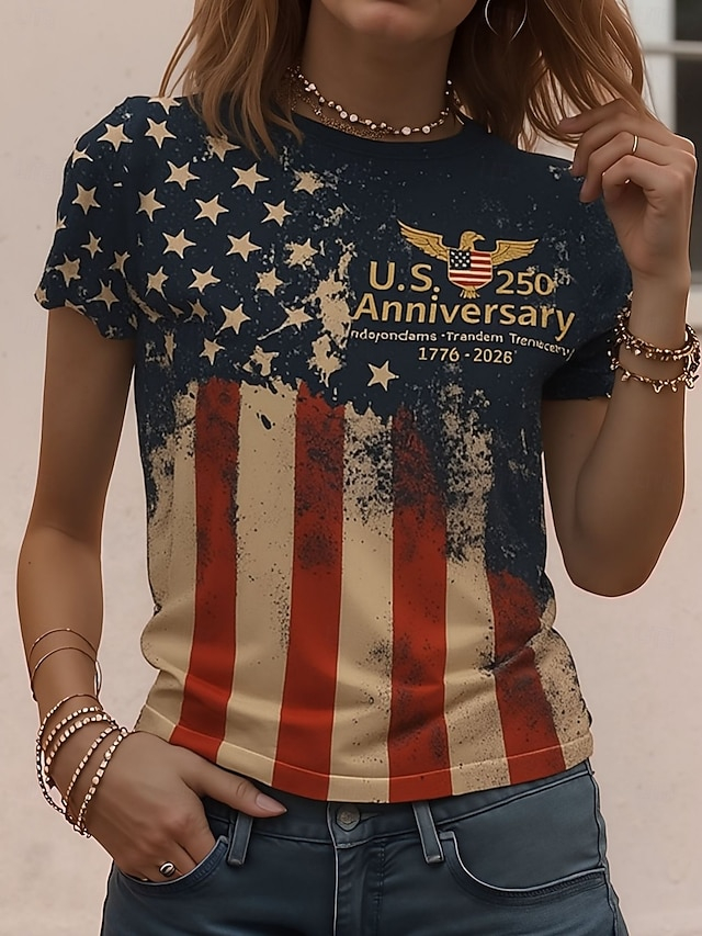 Women’s Vintage American Flag Print T-Shirt, U.S. 250th Anniversary Patriotic Short Sleeve Tee