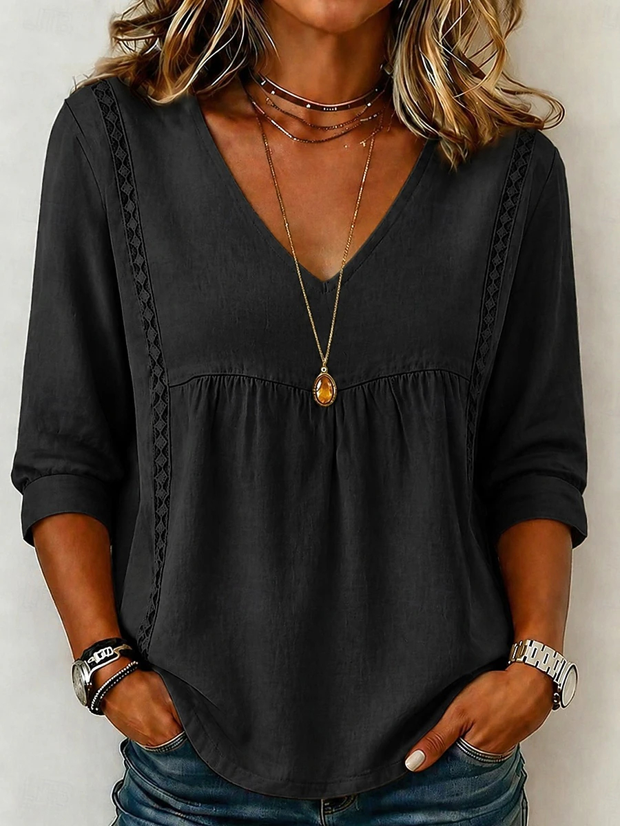 Vintage Boho Loose Fit Babydoll Blouse for Ladies, Lace Panel V Neck 3/4 Cuffed Sleeve Casual Travel Weekend Shirt Tops