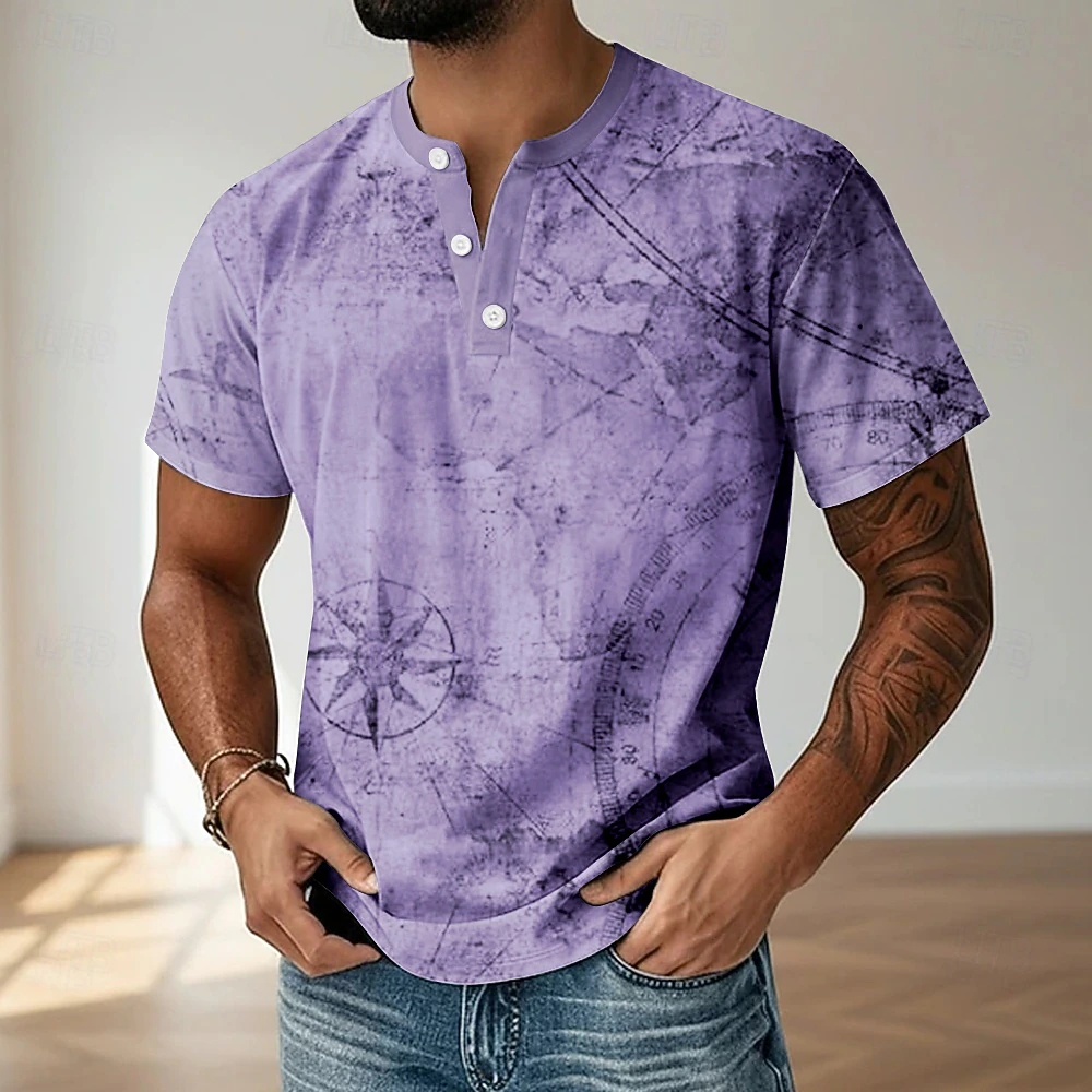 Men Vintage World Map Print Short Sleeve Henley Shirt