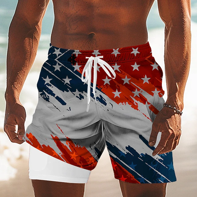 American Pride Men's Swim Trunks with Compression Liner | Quick Dry Patriotic Beachwear