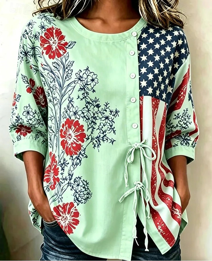 Women Floral Flag Patchwork Round Neck 3/4 Sleeve Side Drawstring Casual Blouse