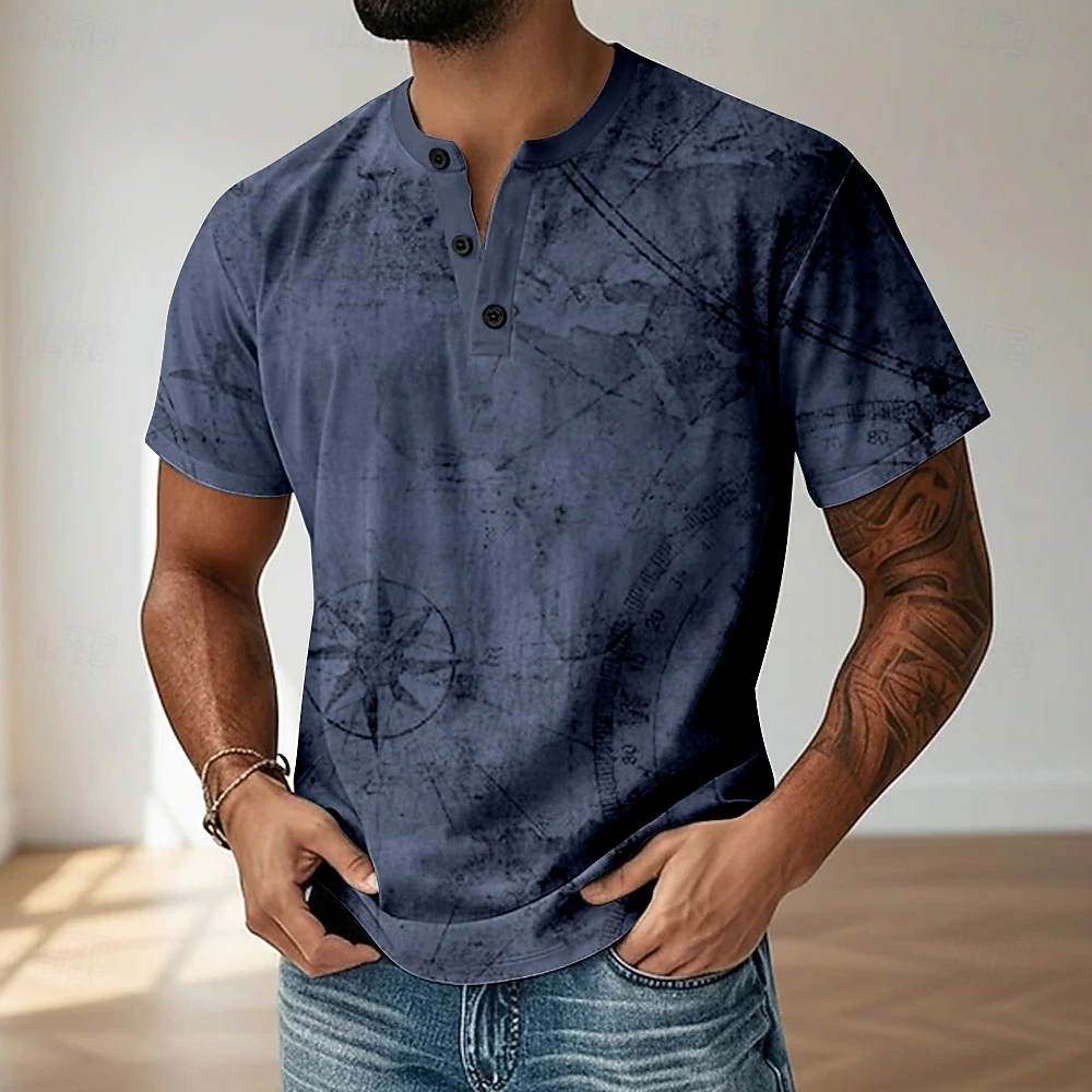 Men Vintage World Map Print Short Sleeve Henley Shirt