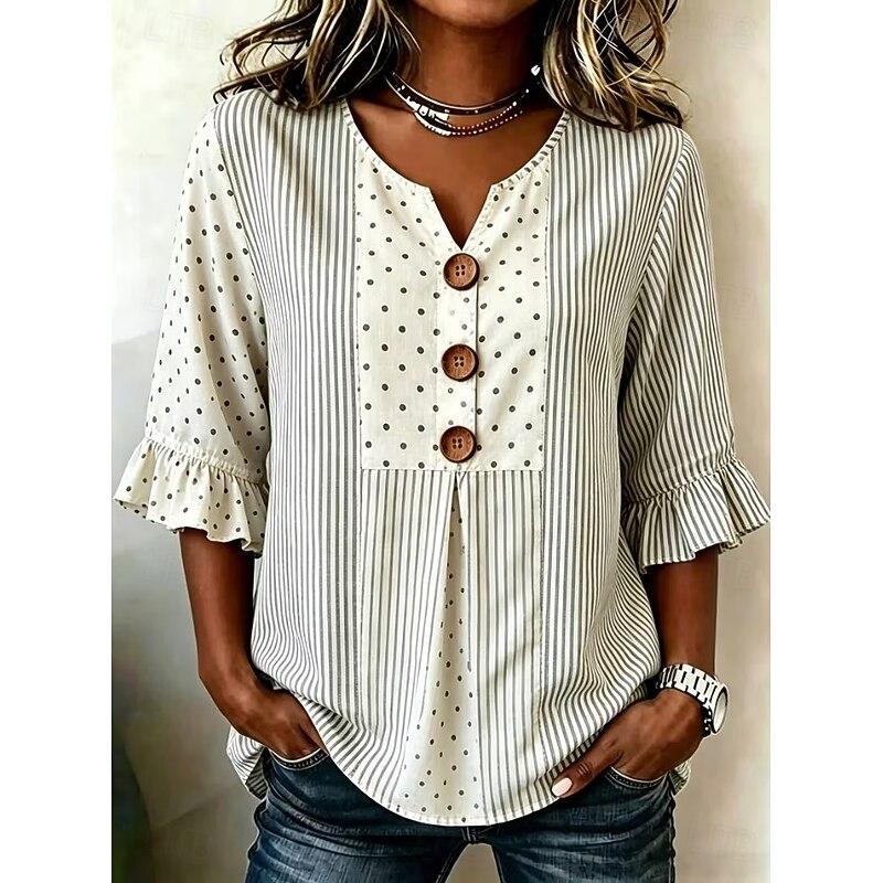 Ladies Lightweight Textured Casual Tunic Top, V-Neck Wooden Button Down Ruffle 3/4 Sleeve Shirt