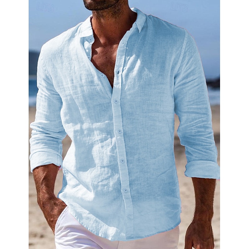 Men's Linen Button-Up Shirt - Summer Beach Casual Shirt