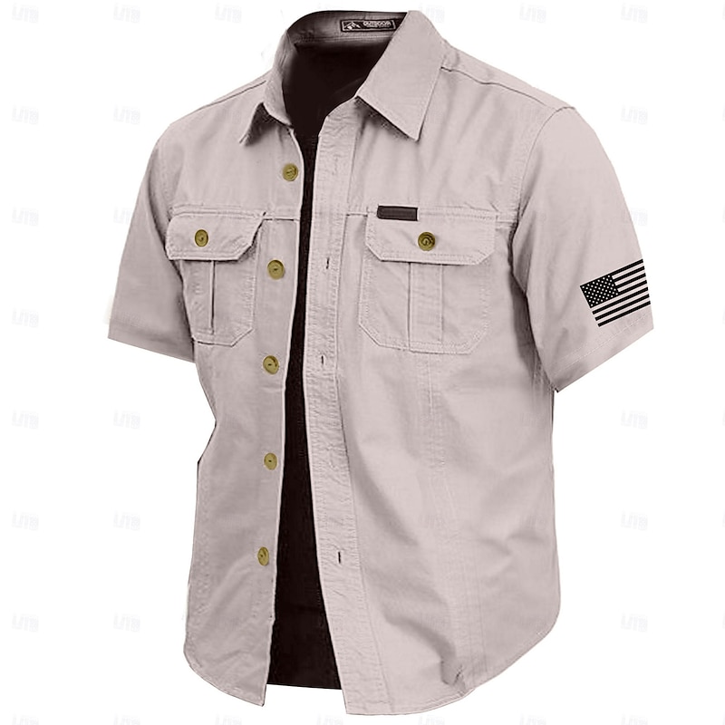 Men's Solid Color Work Shirt - Short Sleeve Cargo Casual