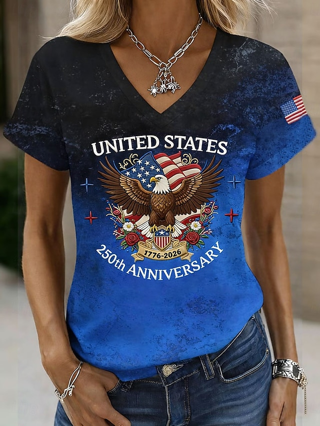 USA 250th Anniversary Eagle & Floral Accent V-Neck T-Shirt, Patriotic Casual Short Sleeve Top