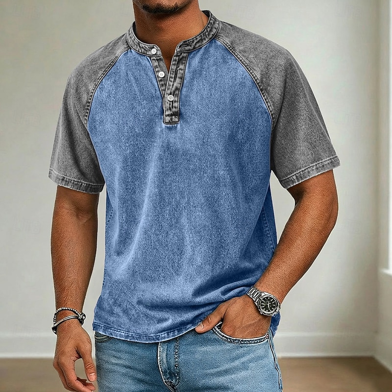 Men's Henley Acid Wash Shirt - Color Block Patchwork Vintage