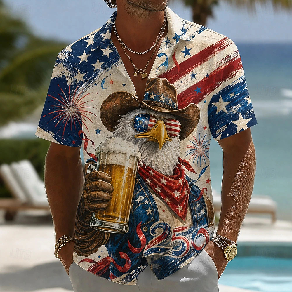 Men Bald Eagle American Flag 250 Years Patriotic Short Sleeve Hawaiian Shirt