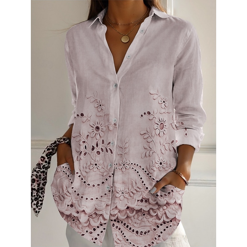 Boho Vintage Floral Eyelet Pattern Loose Fit Blouse, Ladies Long Sleeve Lapel Collar Casual Shirts with Side Pockets