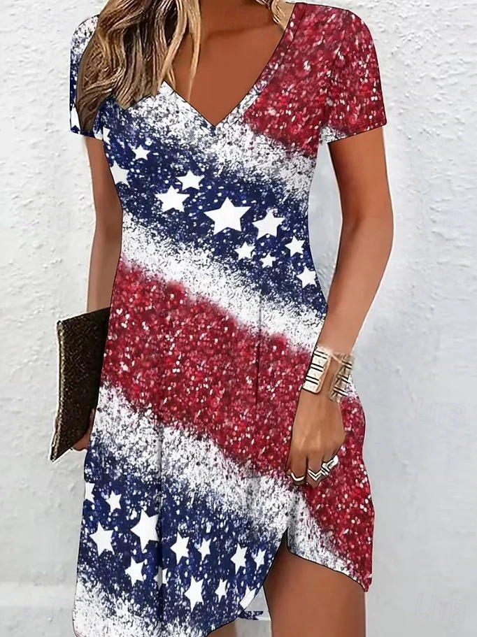 Glitter Effect Patriotic American Flag Print Dress, Women’s V-Neck Short Sleeve Casual Dress