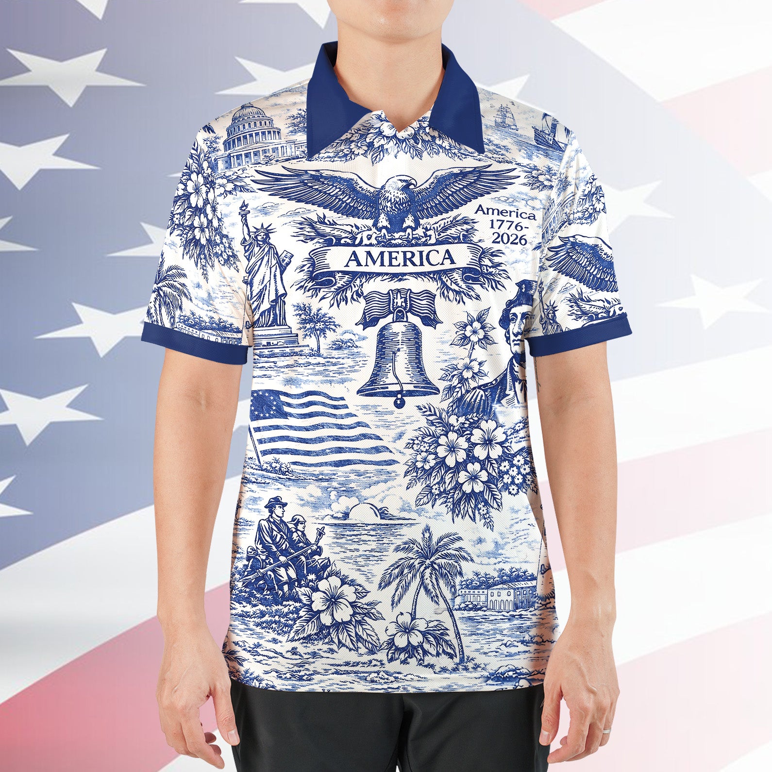 250 Years of America 1776-2026 Polo Shirt, Vintage Patriotic All-Over Print Polo, 4th of July USA Shirt