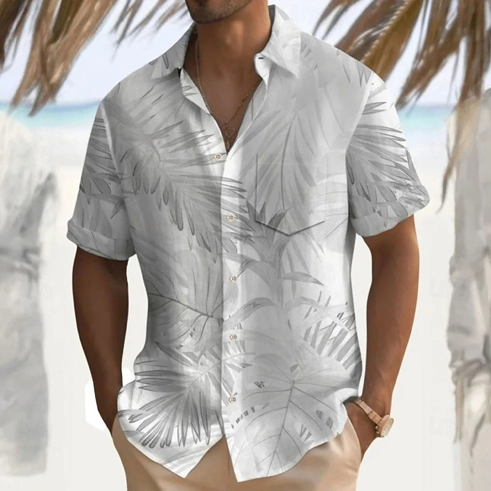 Neutral Tone Tropical Plant Print Button Up Shirt, Breathable Casual Beach Travel Short Sleeve Blouse