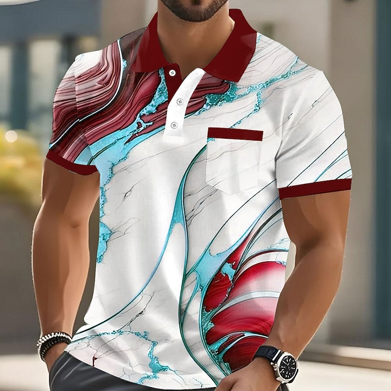 Luxury Gold Foil Marble Graphic Polo Shirt, Color Block Collar Pocket Design Daily Outdoor Fashion Top