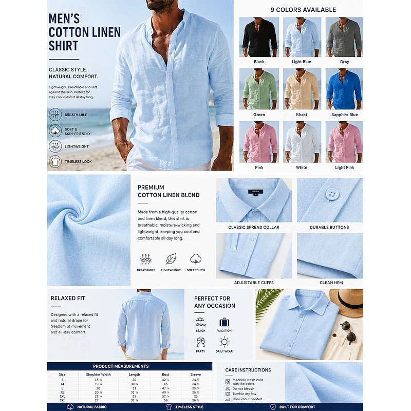 Men's Linen Button-Up Shirt - Summer Beach Casual Shirt