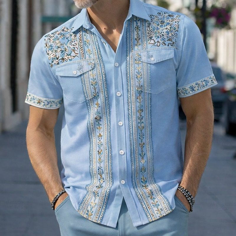 Men Lapel Collar Ethnic Pattern Short Sleeve Button Up Shirts Casual Daily Beach Wear Shirts